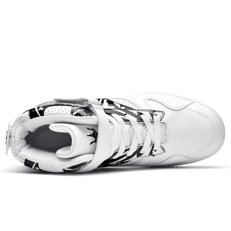 FZUU Men's Fashion High Top Leather Street Sneakers Sports Casual Shoes (7.5, White/Black) - Image 4